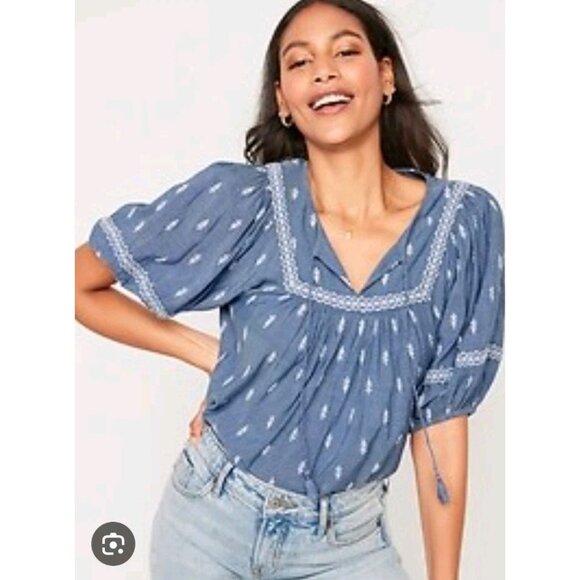 Old Navy Sz XXL Boho Peasant Puff Sleeve Embroidered Poet Swing Chambray Blouse - Picture 1 of 10